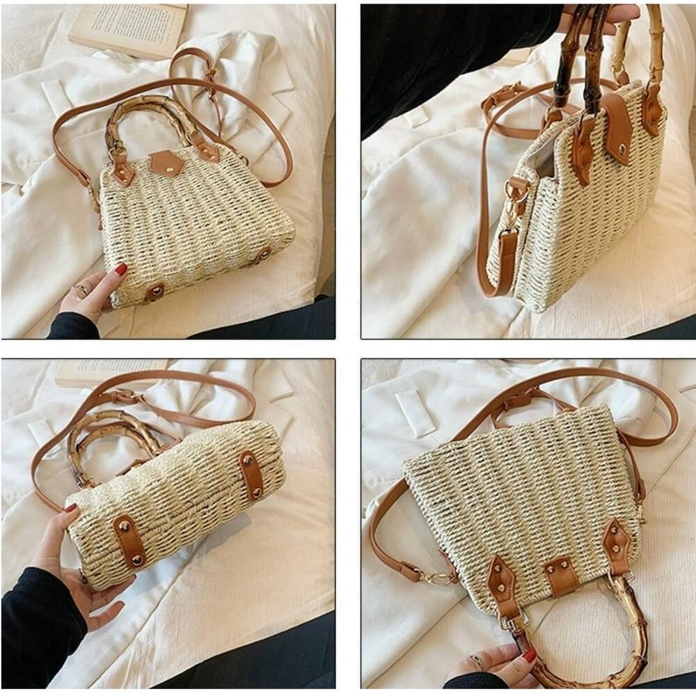 Straw Rattan Handbag Women Khaki Light Top Handle Crossbody Summer Beach Bag - Picture 7 of 9